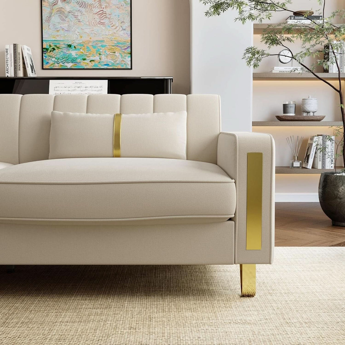 86 Inch Loveseat Sofa Set With Gold Metal Legs Beige Velvet Upholstery For Living Room