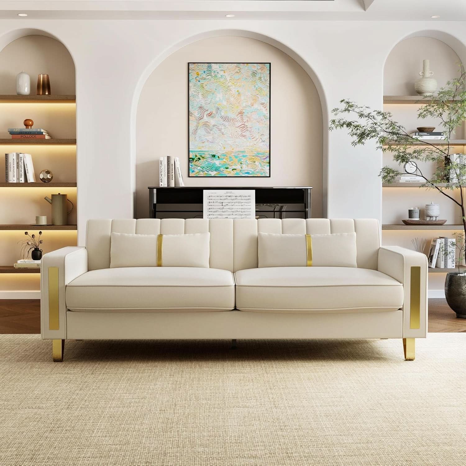 86 Inch Loveseat Sofa Set With Gold Metal Legs Beige Velvet Upholstery For Living Room