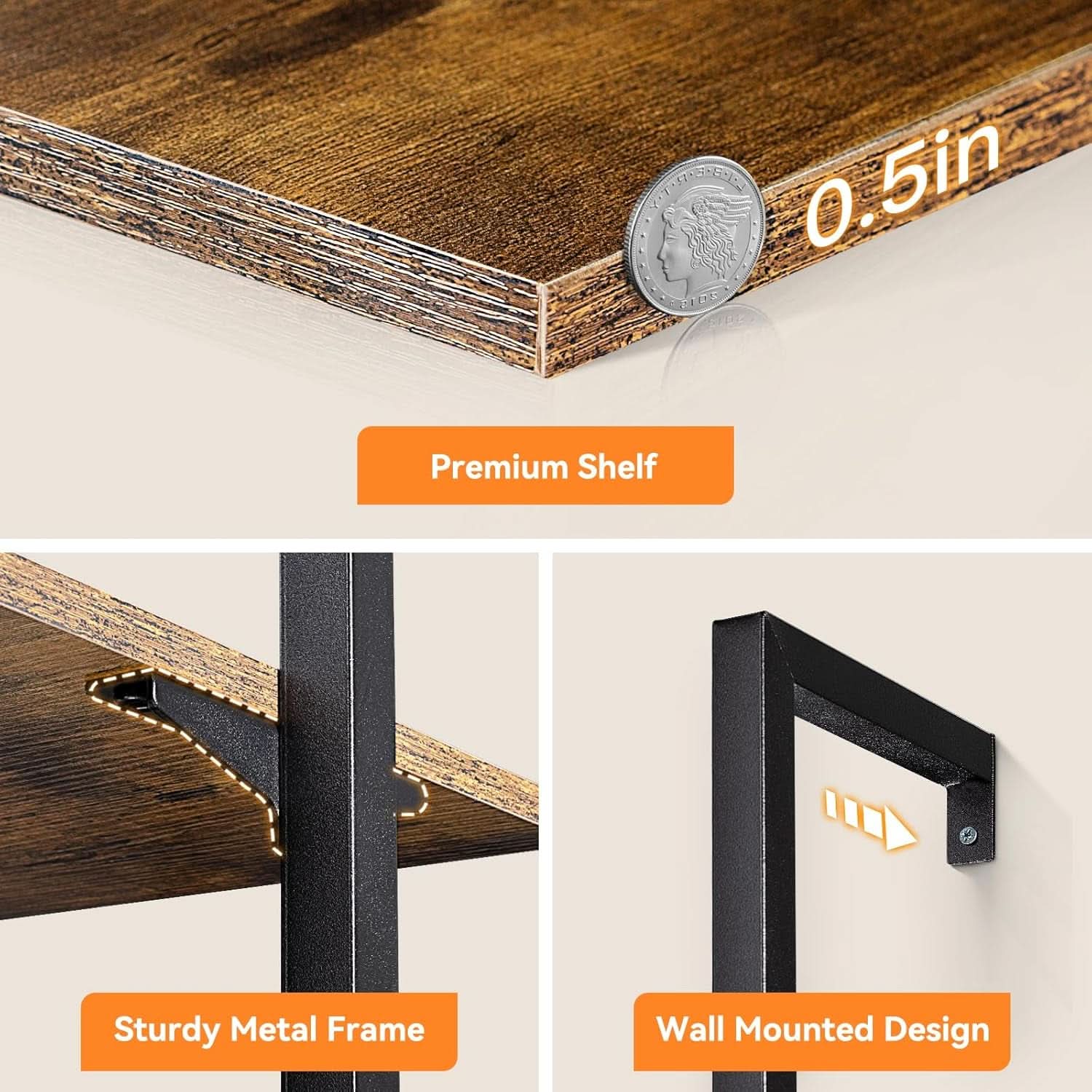 87 Inch Wall Mounted Ladder Shelf With Metal Frame