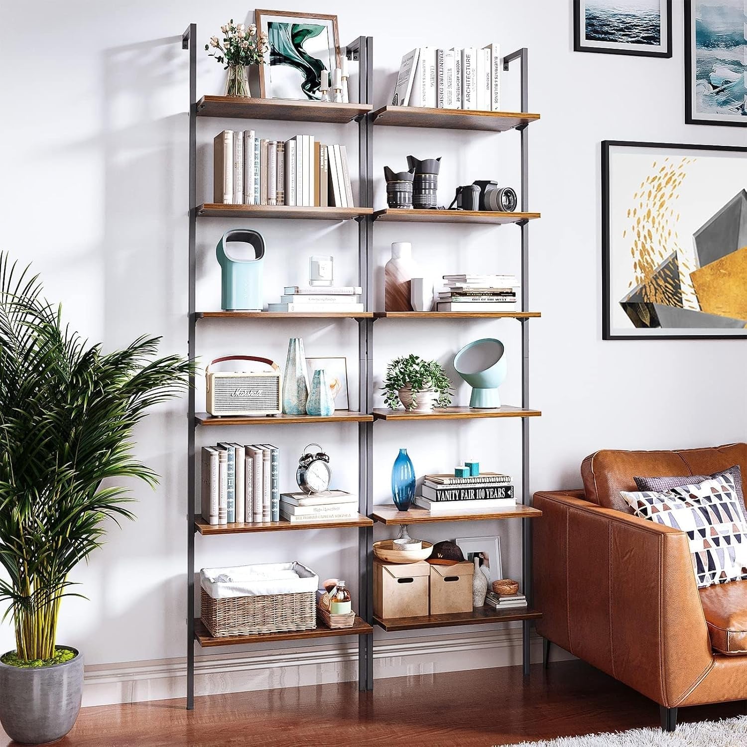 87 Inch Wall Mounted Ladder Shelf With Metal Frame