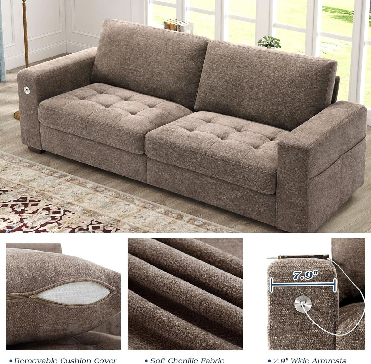 89 Inch Chenille Sofa Set With USB Charging For Living Room