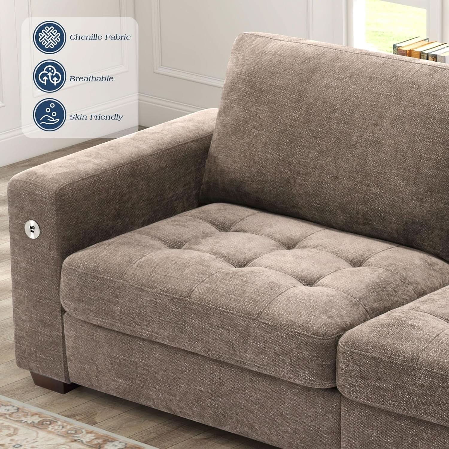 89 Inch Chenille Sofa Set With USB Charging For Living Room