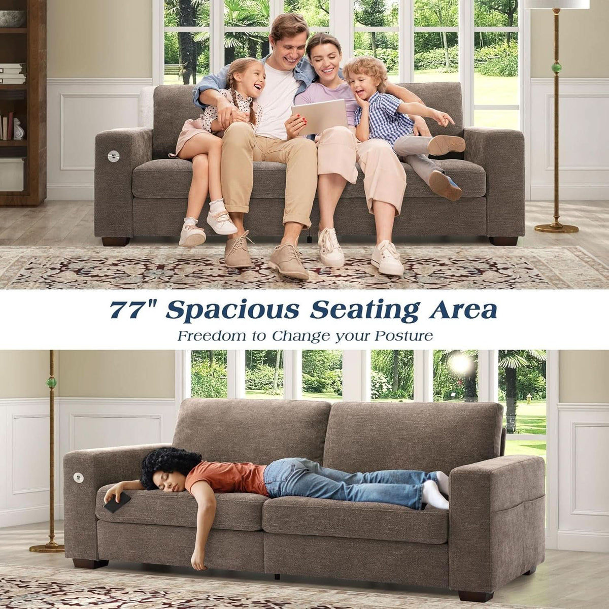 89 Inch Chenille Sofa Set With USB Charging For Living Room