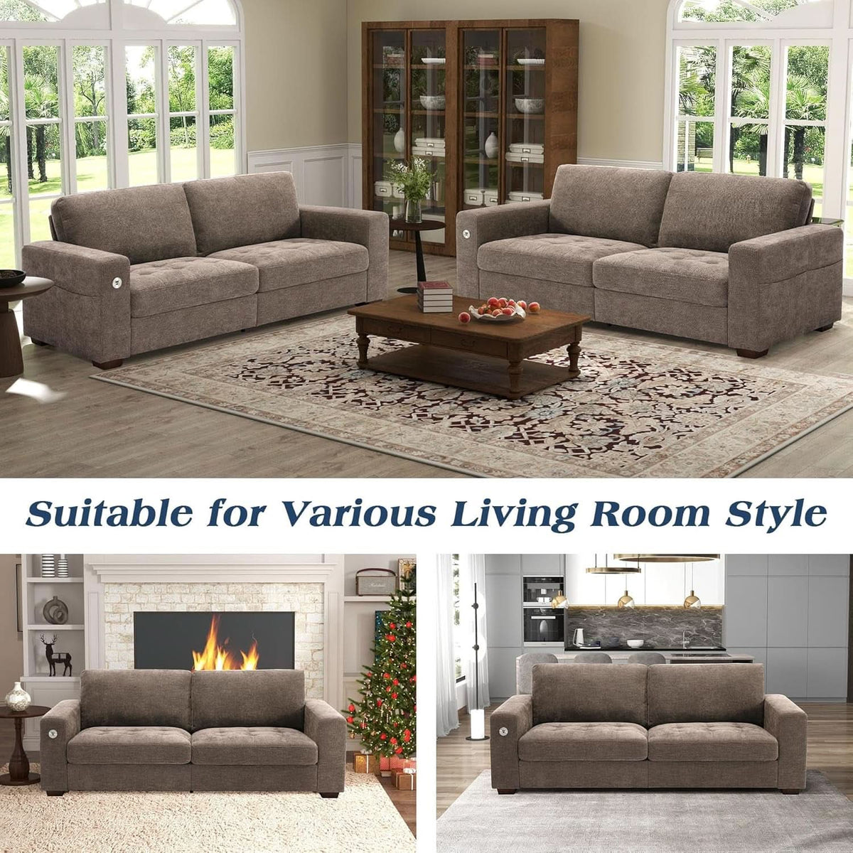 89 Inch Chenille Sofa Set With USB Charging For Living Room