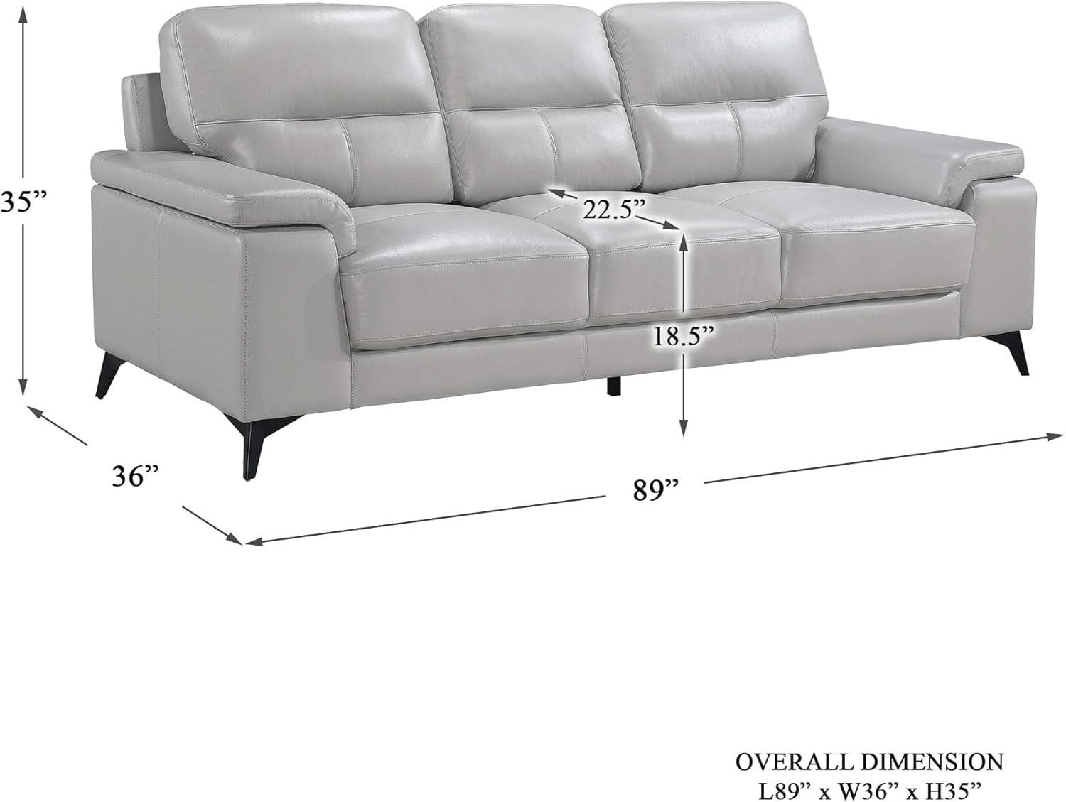 89 Inch Leather Sofa Silver Gray With Metal Legs Wood Frame