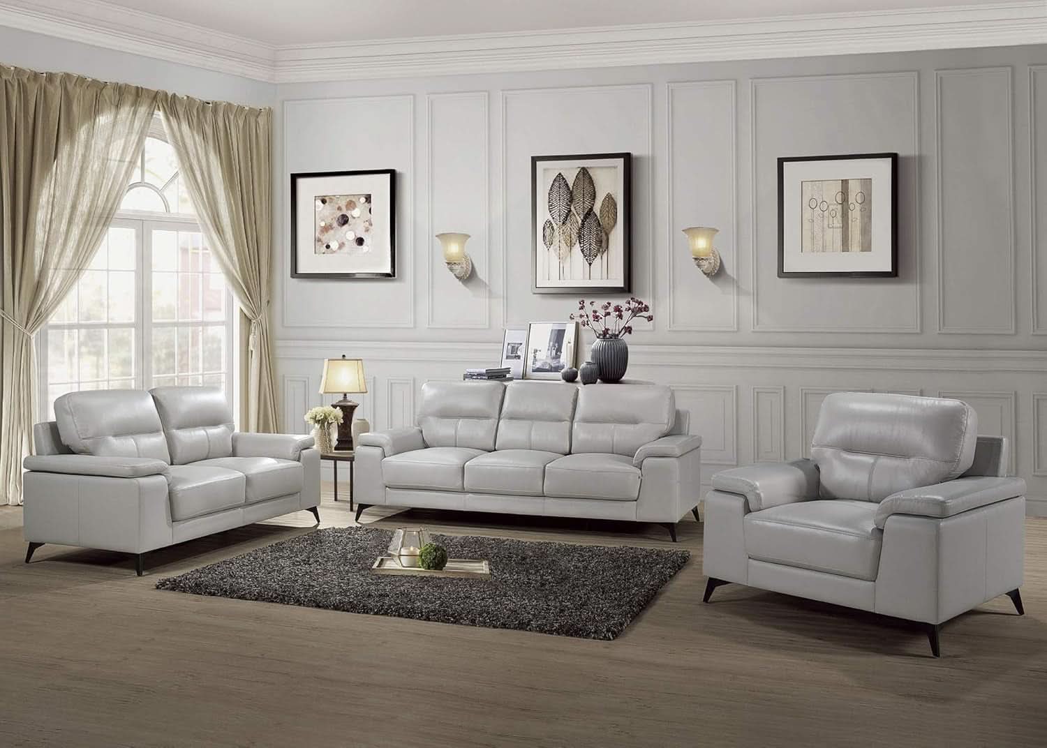 89 Inch Leather Sofa Silver Gray With Metal Legs Wood Frame