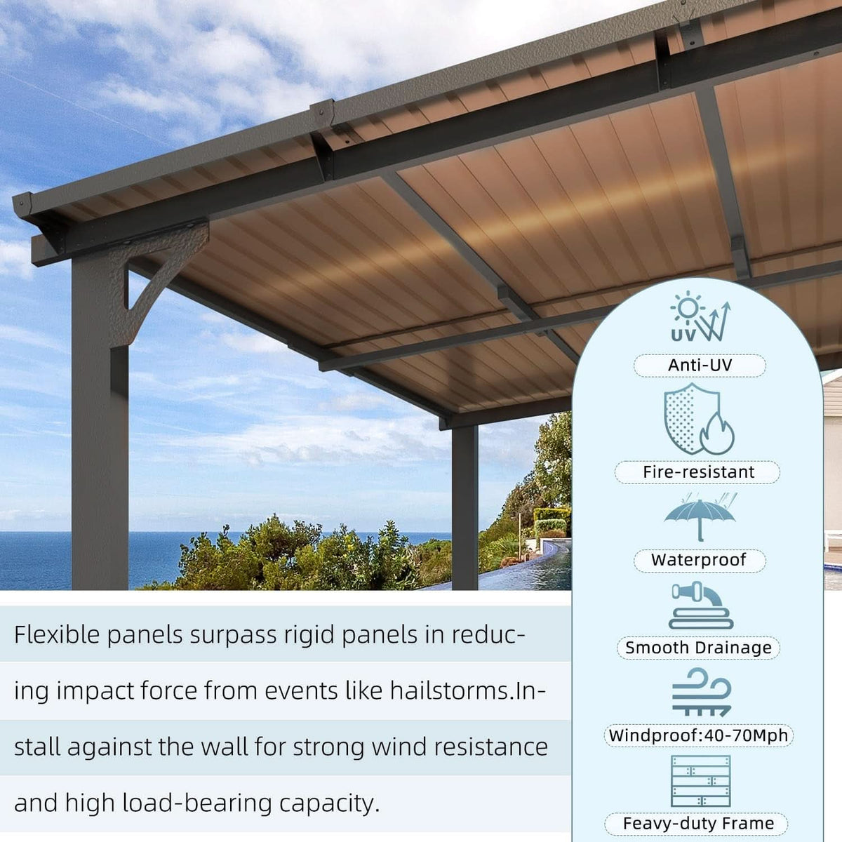 8x8 Waterproof Wall Mounted Lean To Gazebo for Patio