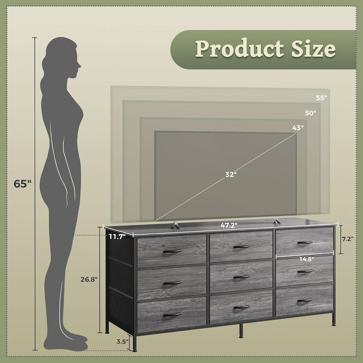 9 Drawer Dresser And TV Stand, Gray, 47 Inch Entertainment Center