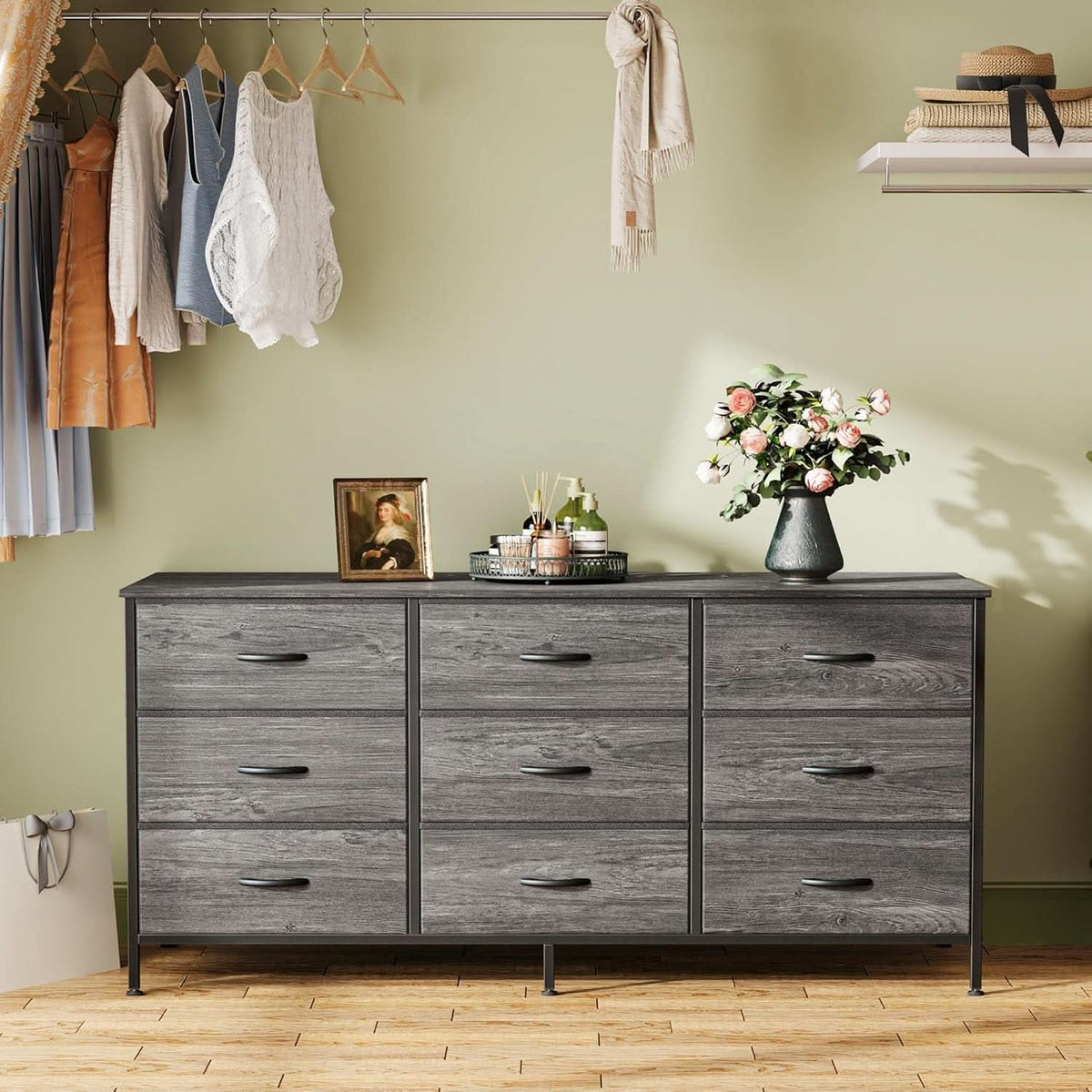 9 Drawer Dresser And TV Stand, Gray, 47 Inch Entertainment Center