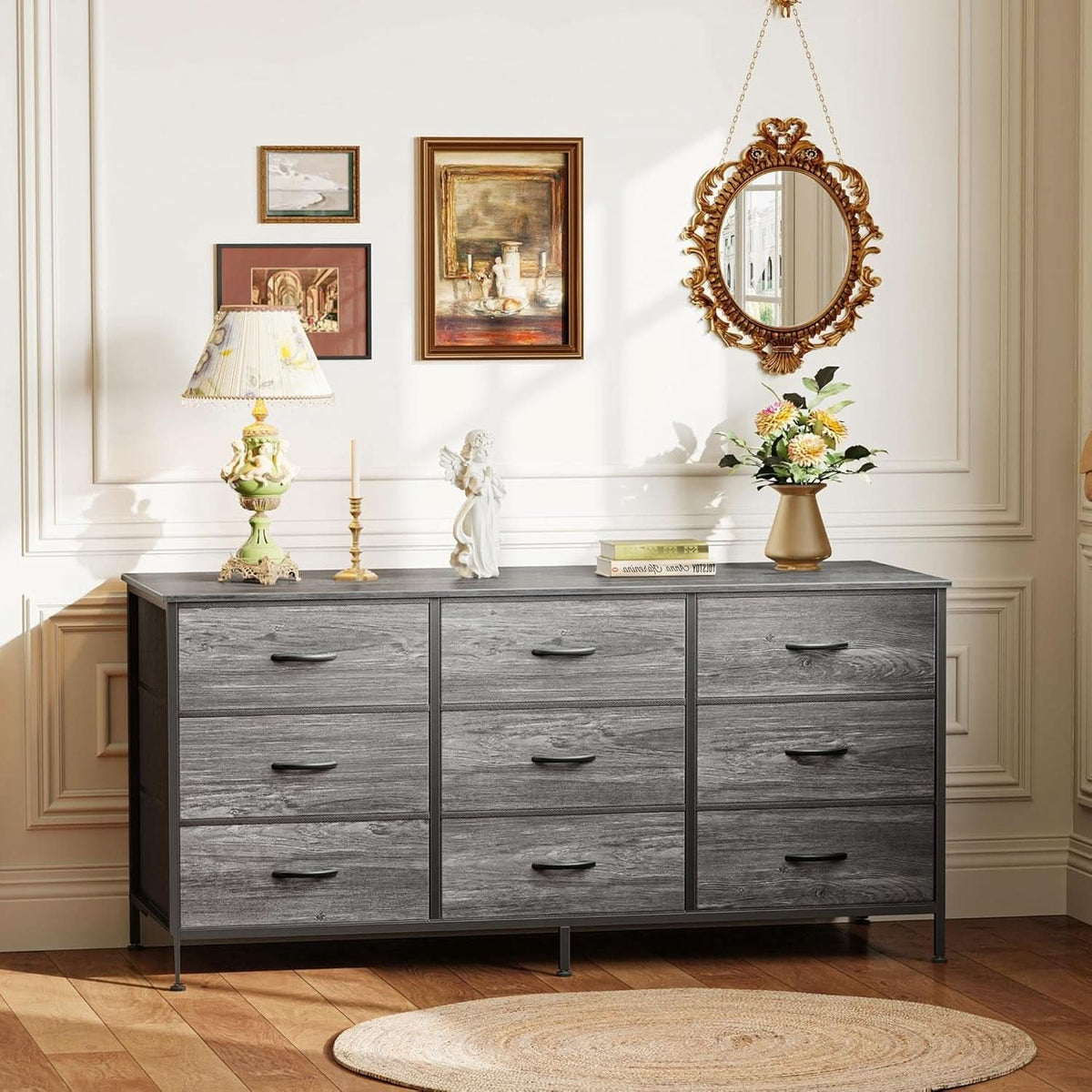 9 Drawer Dresser And TV Stand, Gray, 47 Inch Entertainment Center
