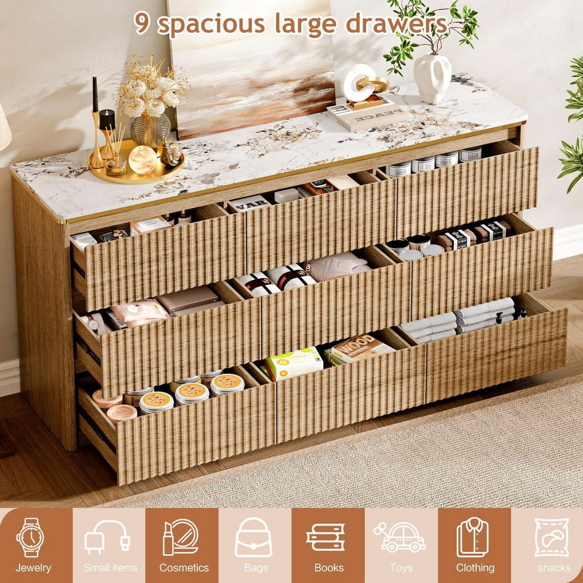 9 Drawer Dresser Chest With PolishedMarbleTabletop