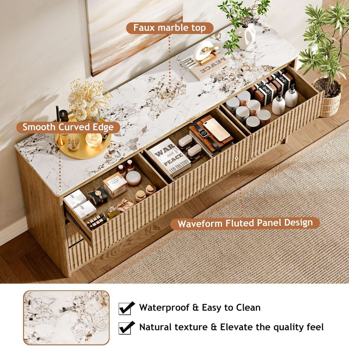 9 Drawer Dresser Chest With PolishedMarbleTabletop
