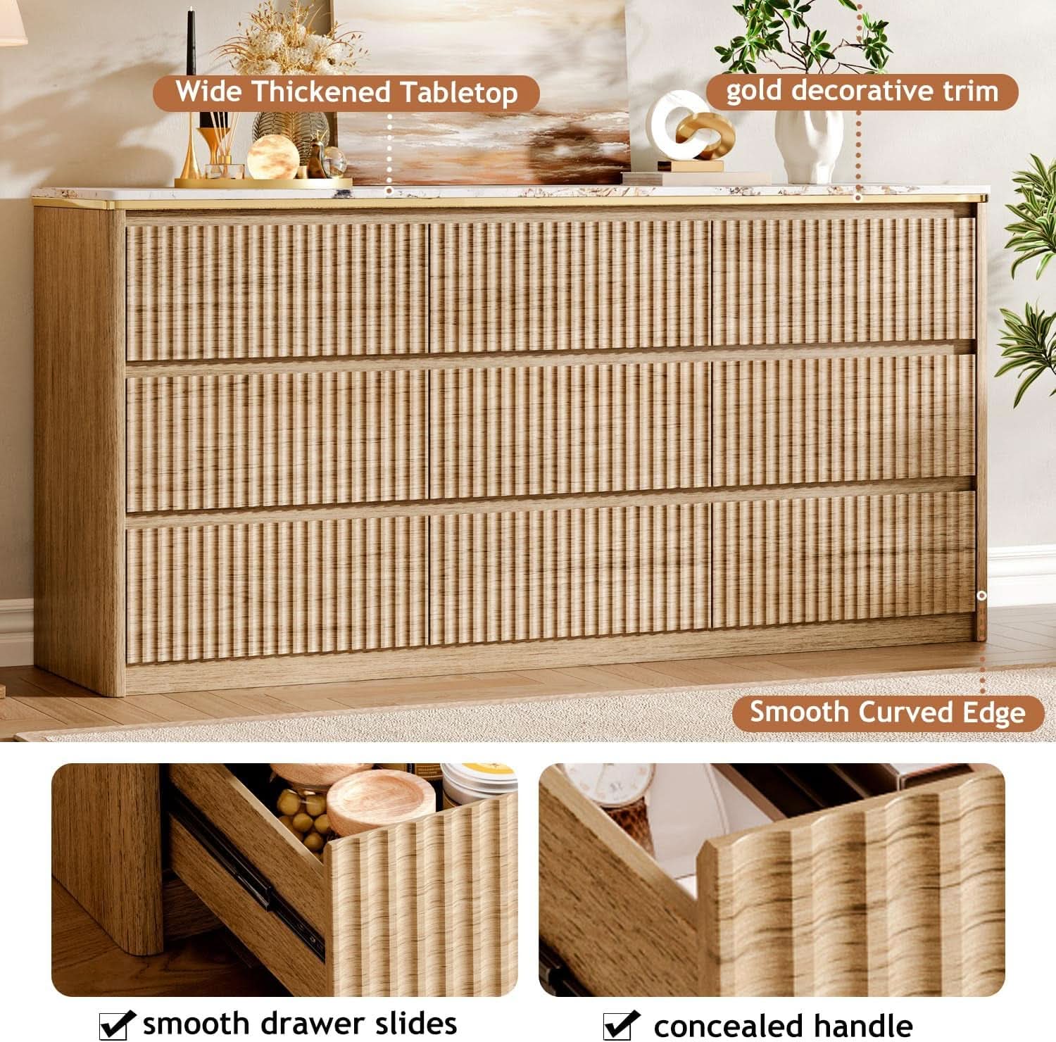 9 Drawer Dresser Chest With PolishedMarbleTabletop