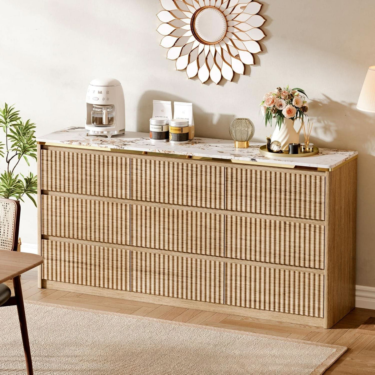 9 Drawer Dresser Chest With PolishedMarbleTabletop