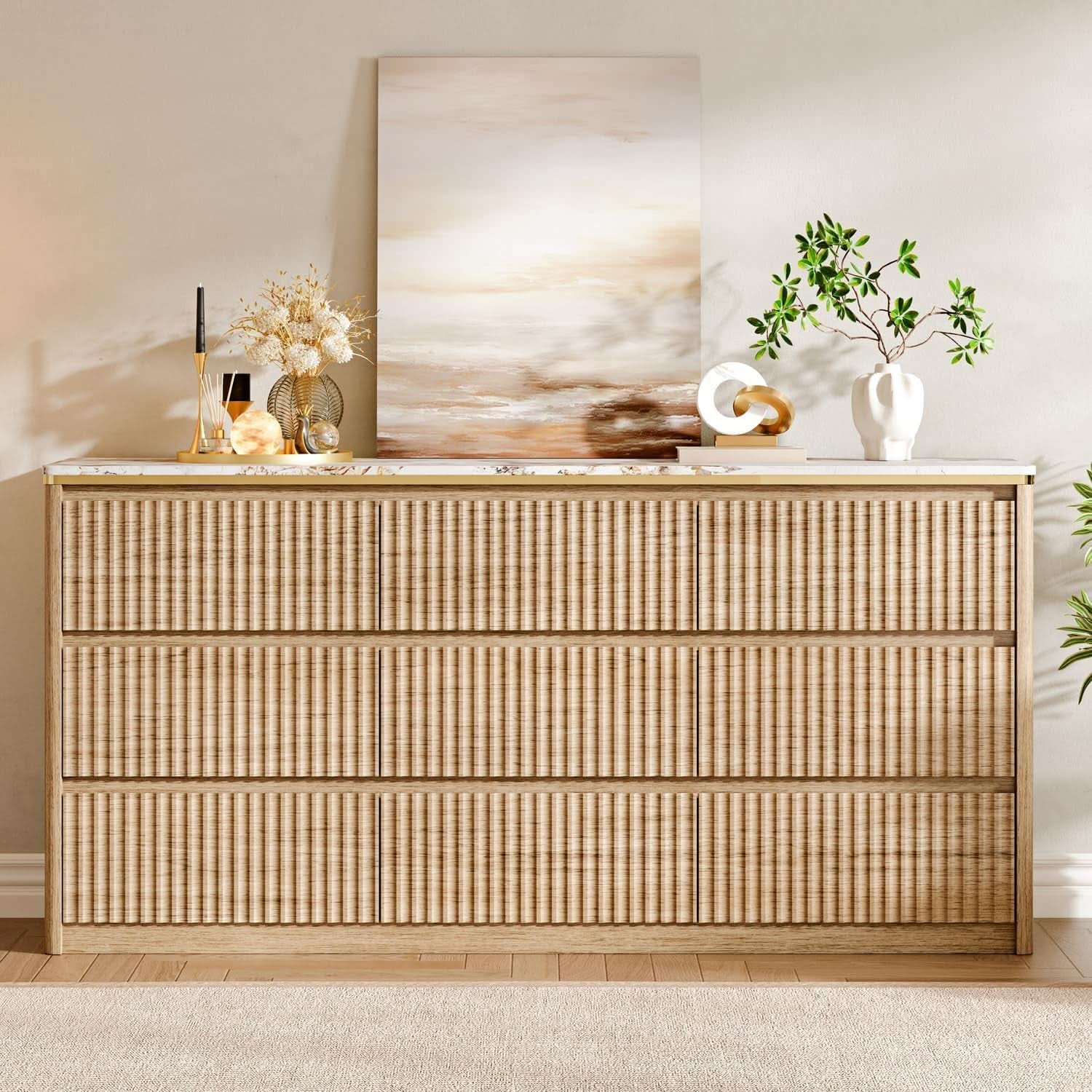 9 Drawer Dresser Chest With PolishedMarbleTabletop