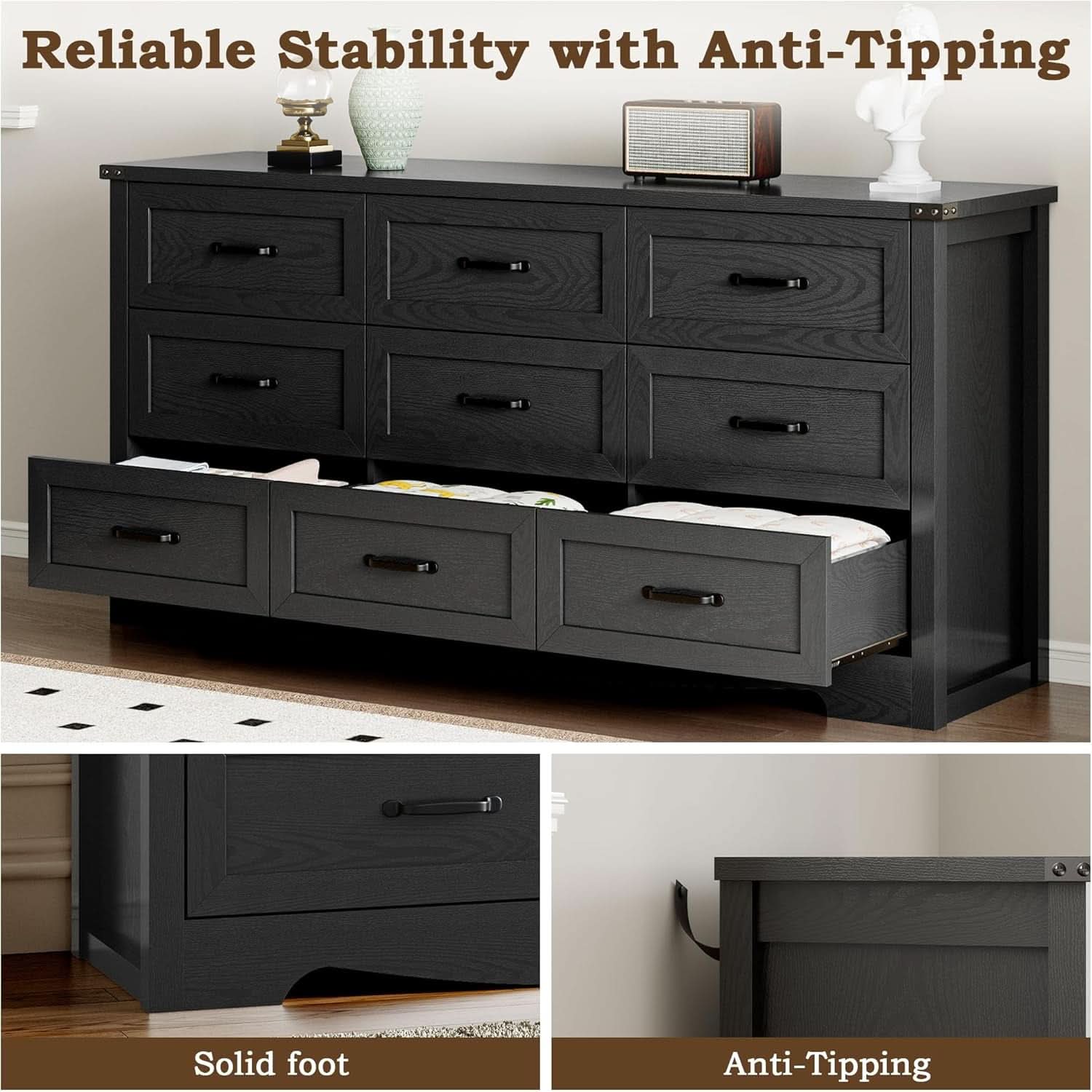 9 Drawer Dresser For Bedroom Modern Wooden Anti Tip
