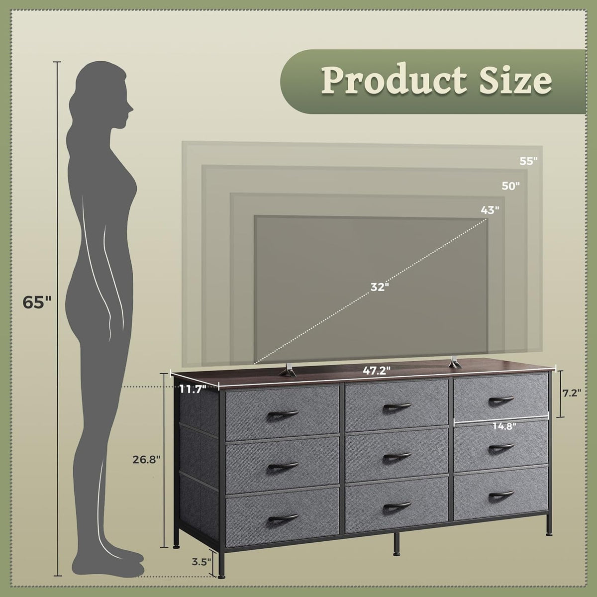 9 Drawer Dresser TV Stand 47 Inch Dark Grey for 50 55 TV
