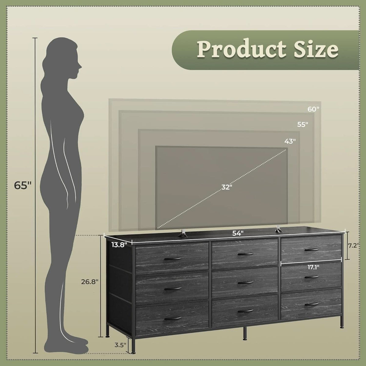 9 Drawer Dresser TV Stand 55 Inch Charcoal Black Wood Grain
