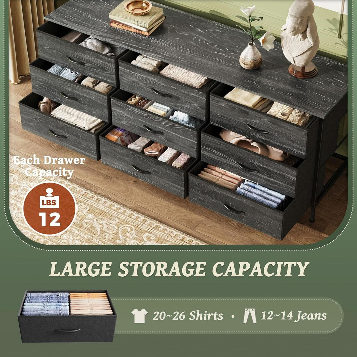 9 Drawer Dresser TV Stand 55 Inch Charcoal Black Wood Grain