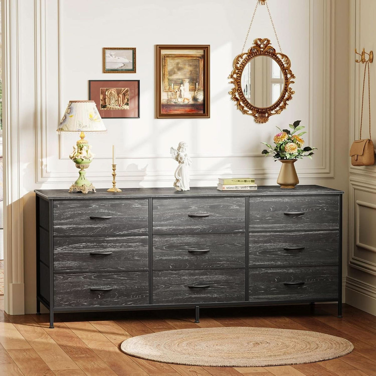 9 Drawer Dresser TV Stand 55 Inch Charcoal Black Wood Grain