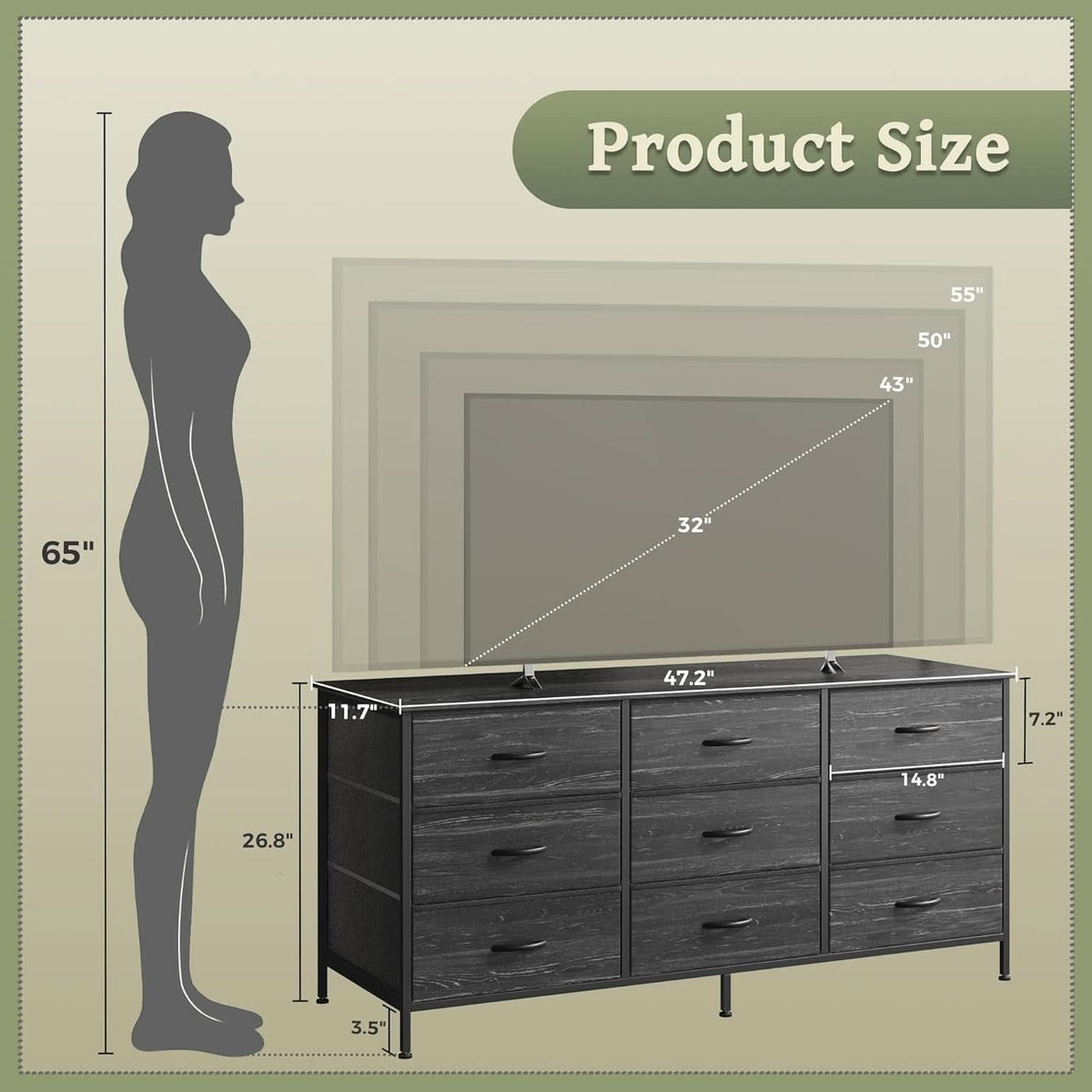 9 Drawer Dresser TV Stand For 55 Inch TV Charcoal Wood Grain