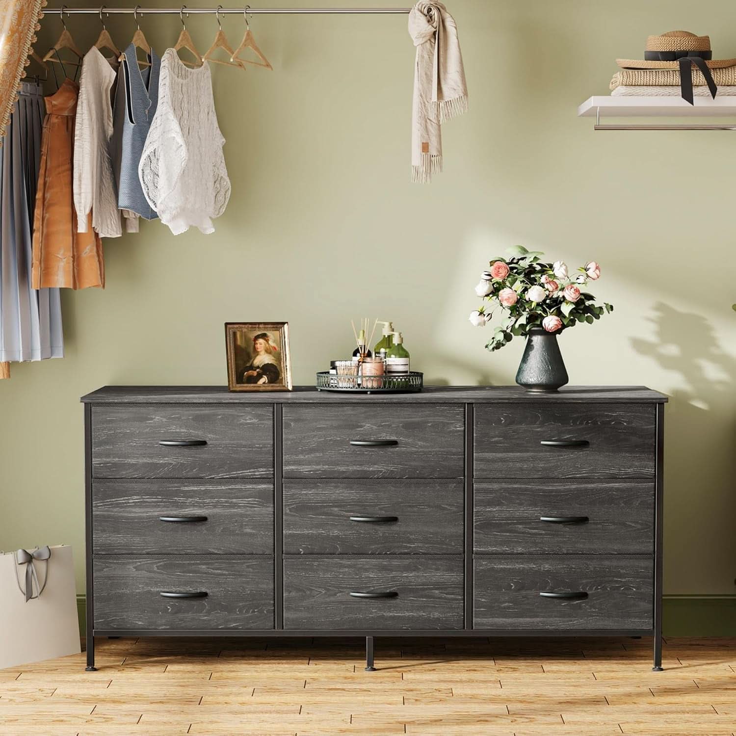 9 Drawer Dresser TV Stand For 55 Inch TV Charcoal Wood Grain