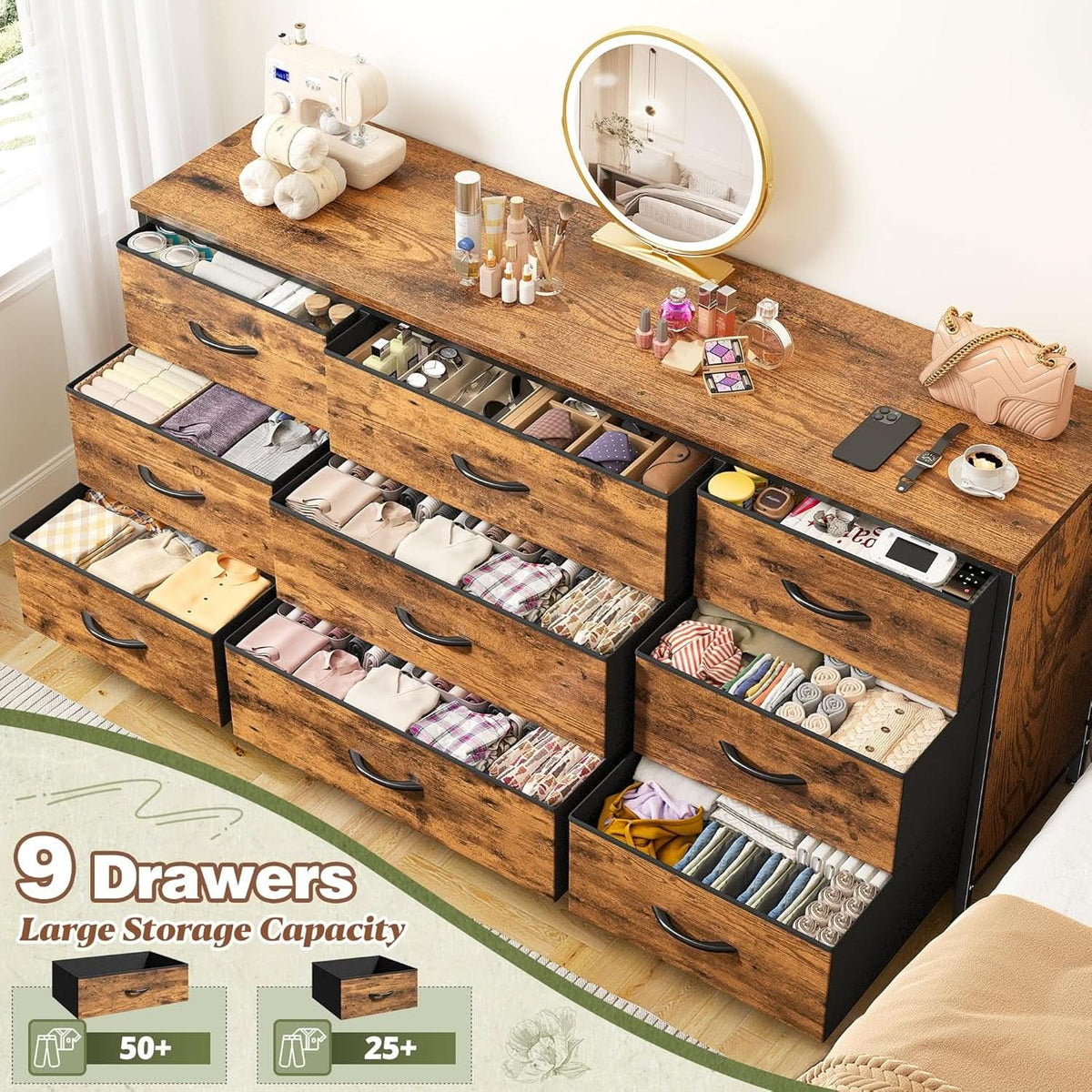 9 Drawer Dresser TV Stand For 60 Inch TV Modern Console