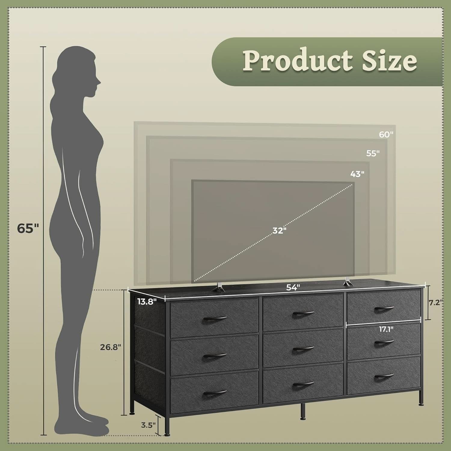 9 Drawer Dresser TV Stand for 55 Inch TVs Black Storage