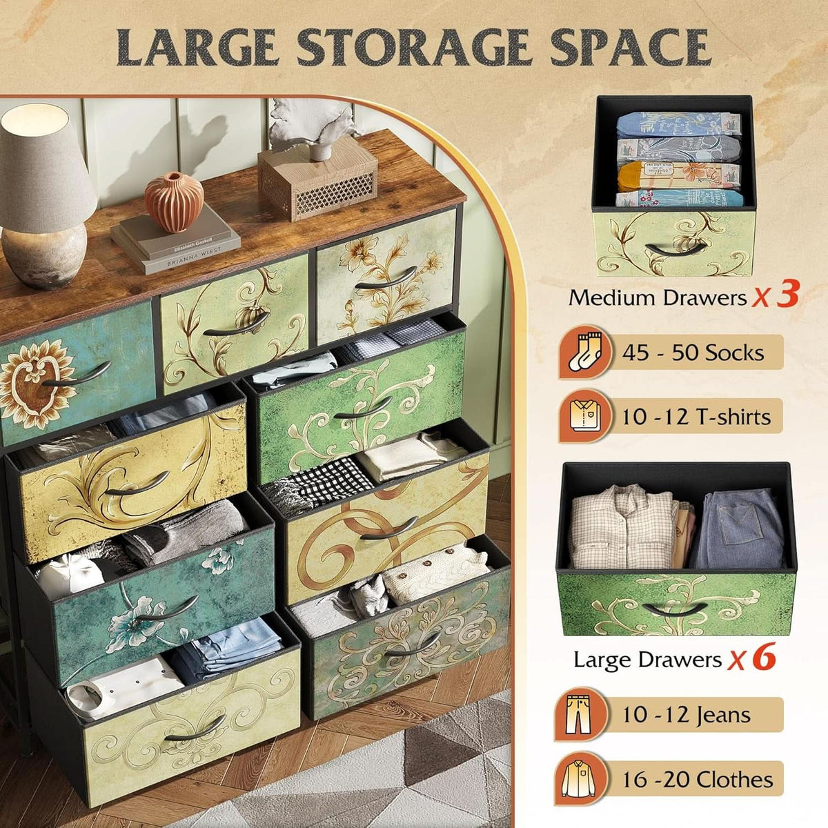 9 Drawer Dresser With Fabric Bins Floral Pattern Wood Top