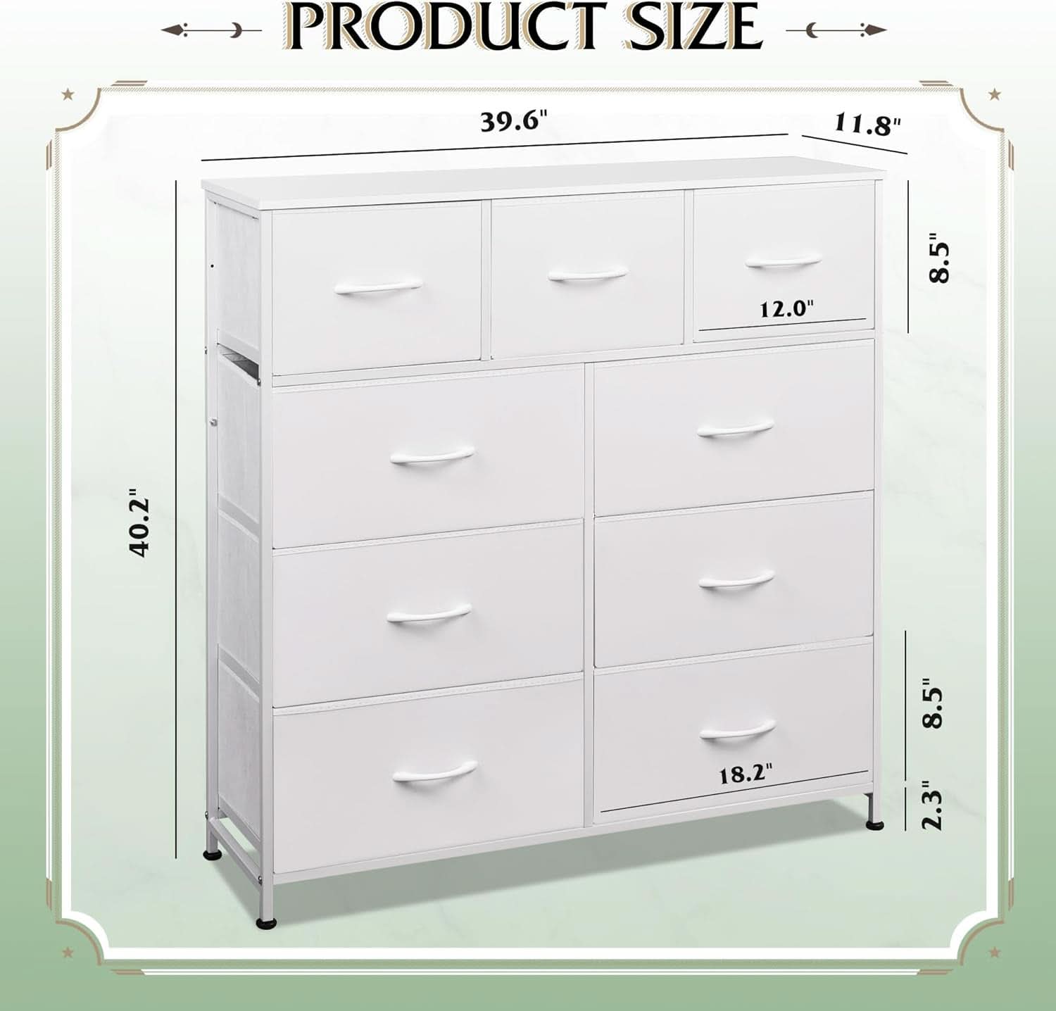 9 Drawer Fabric Dresser White With Steel Frame And Wood Top