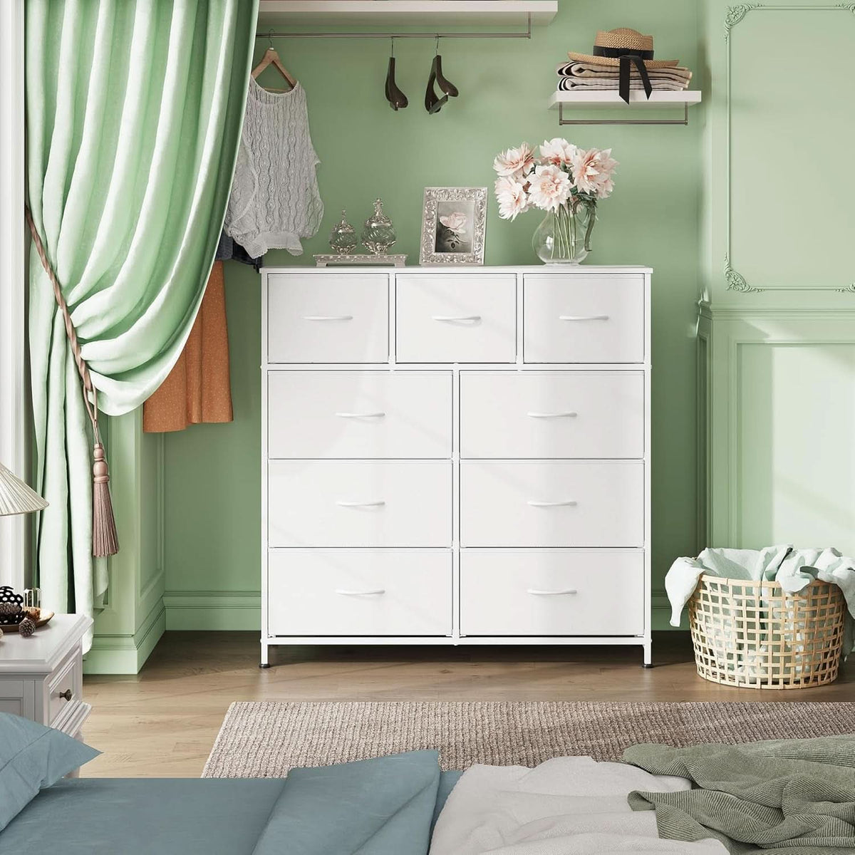 9 Drawer Fabric Dresser White With Steel Frame And Wood Top