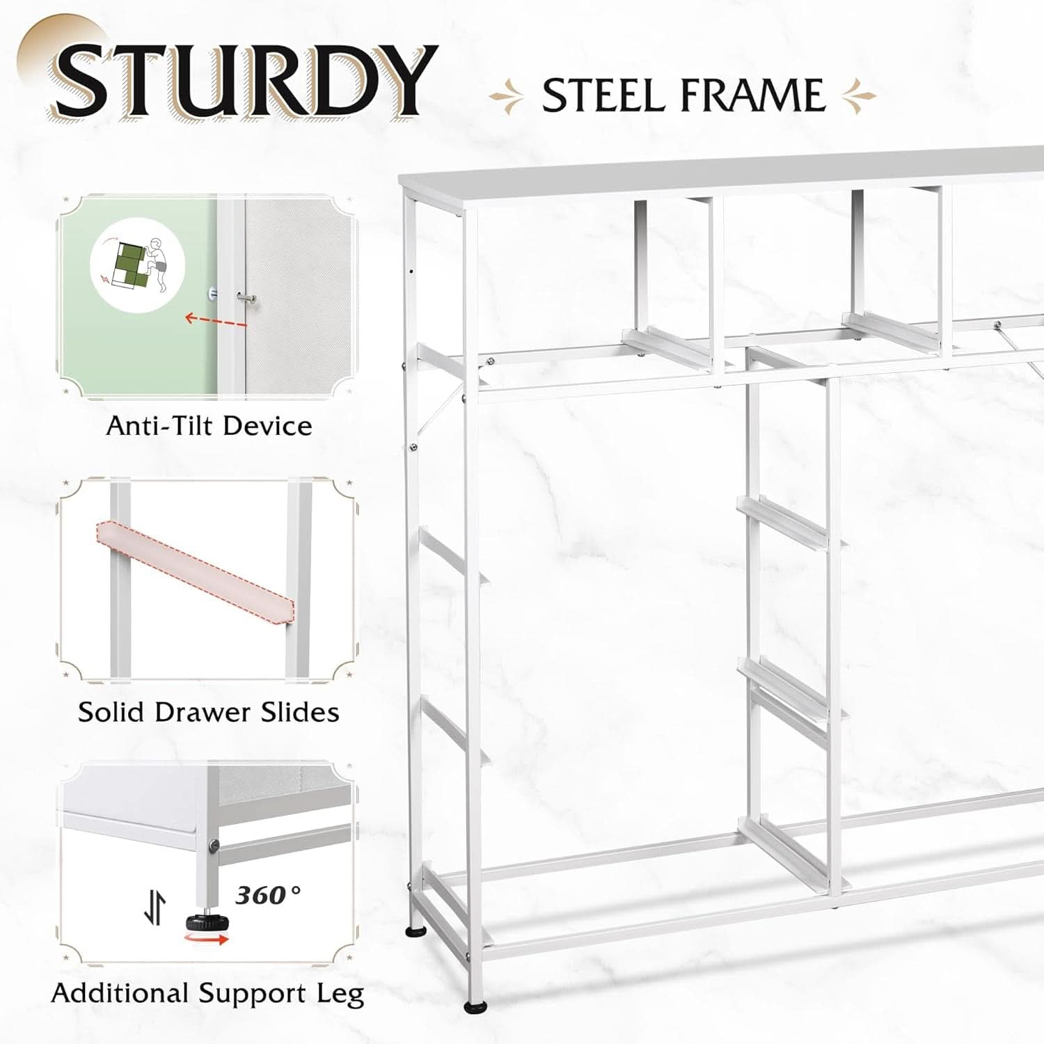 9 Drawer Fabric Dresser White With Steel Frame And Wood Top