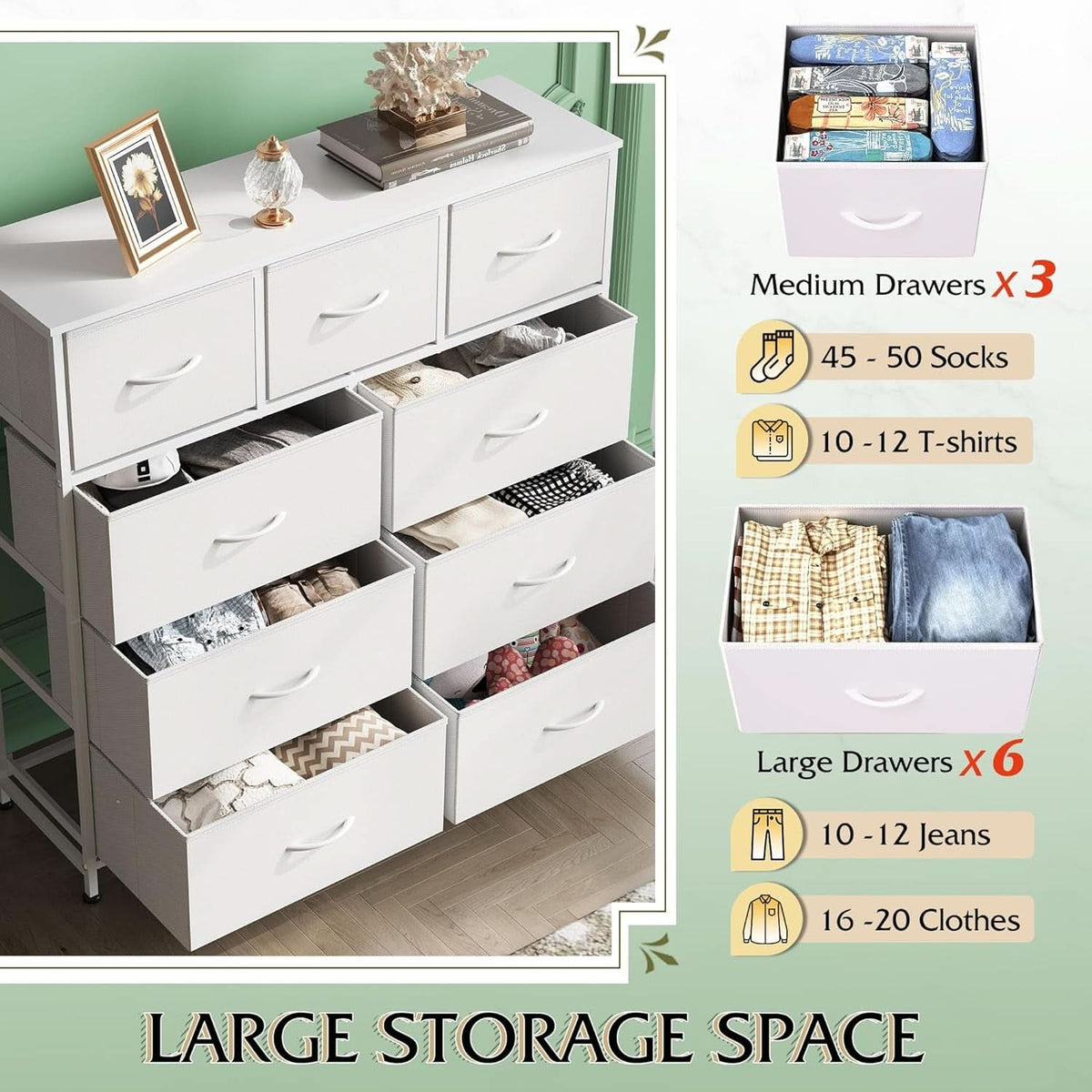 9 Drawer Fabric Dresser White With Steel Frame And Wood Top