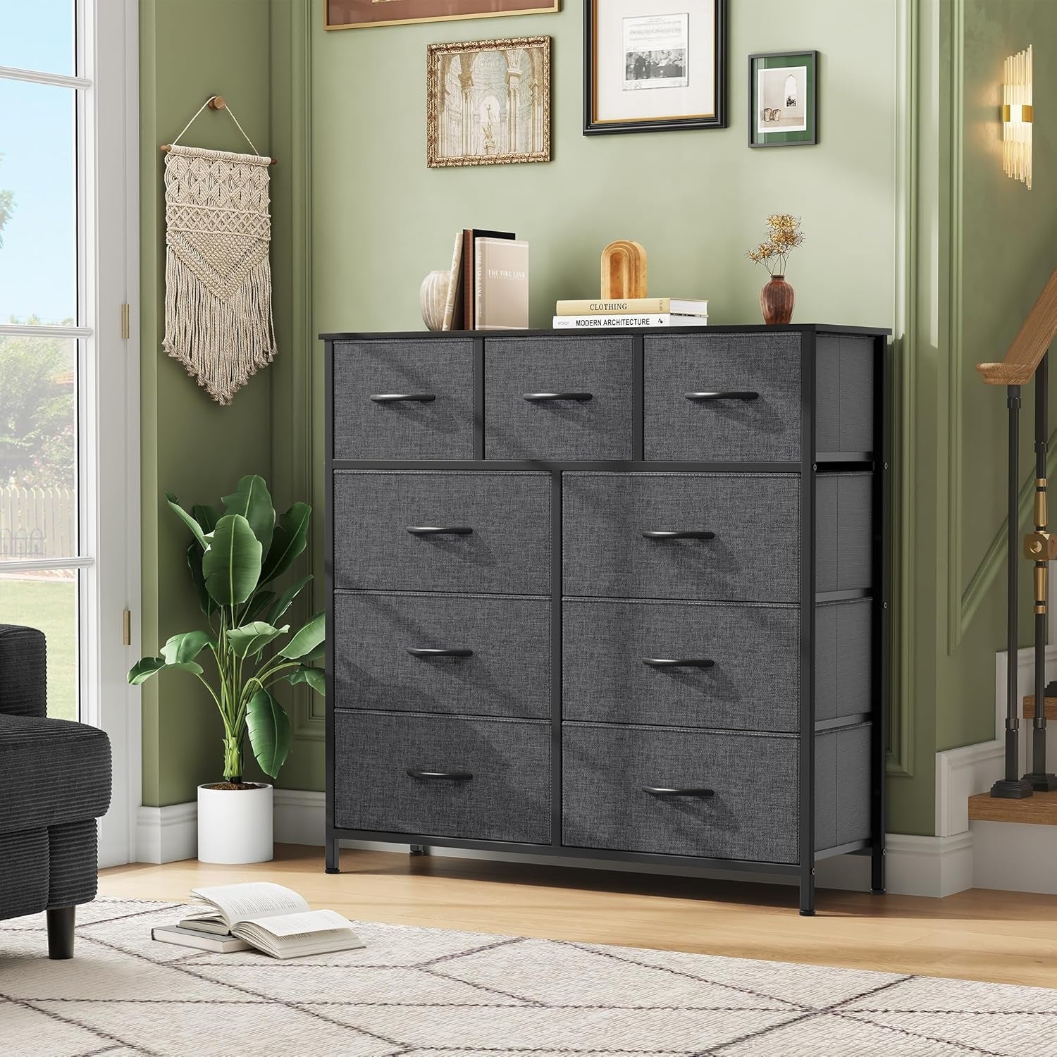 9 Drawer Fabric Dresser With Steel Frame And Wooden Top