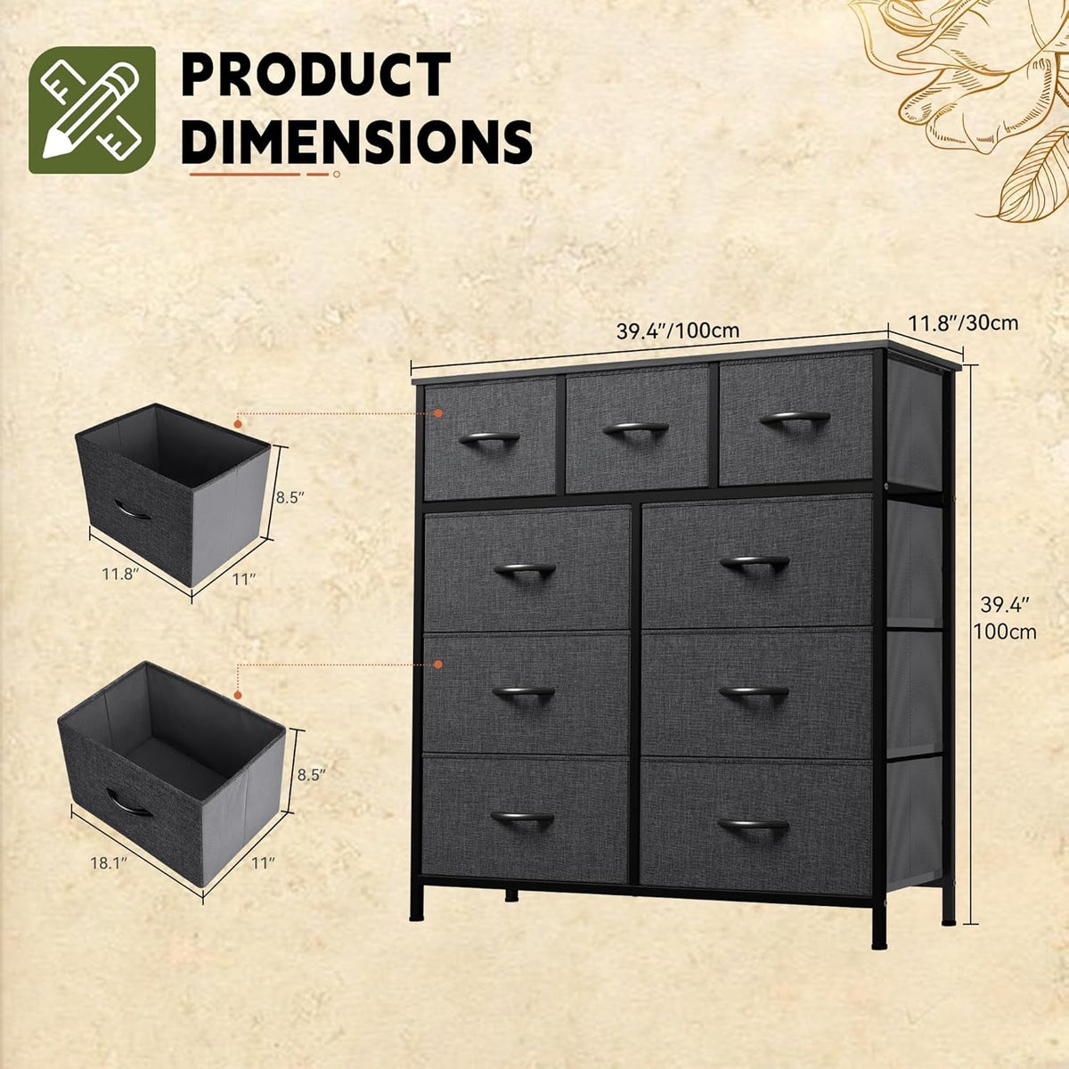 9 Drawer Fabric Dresser With Steel Frame And Wooden Top