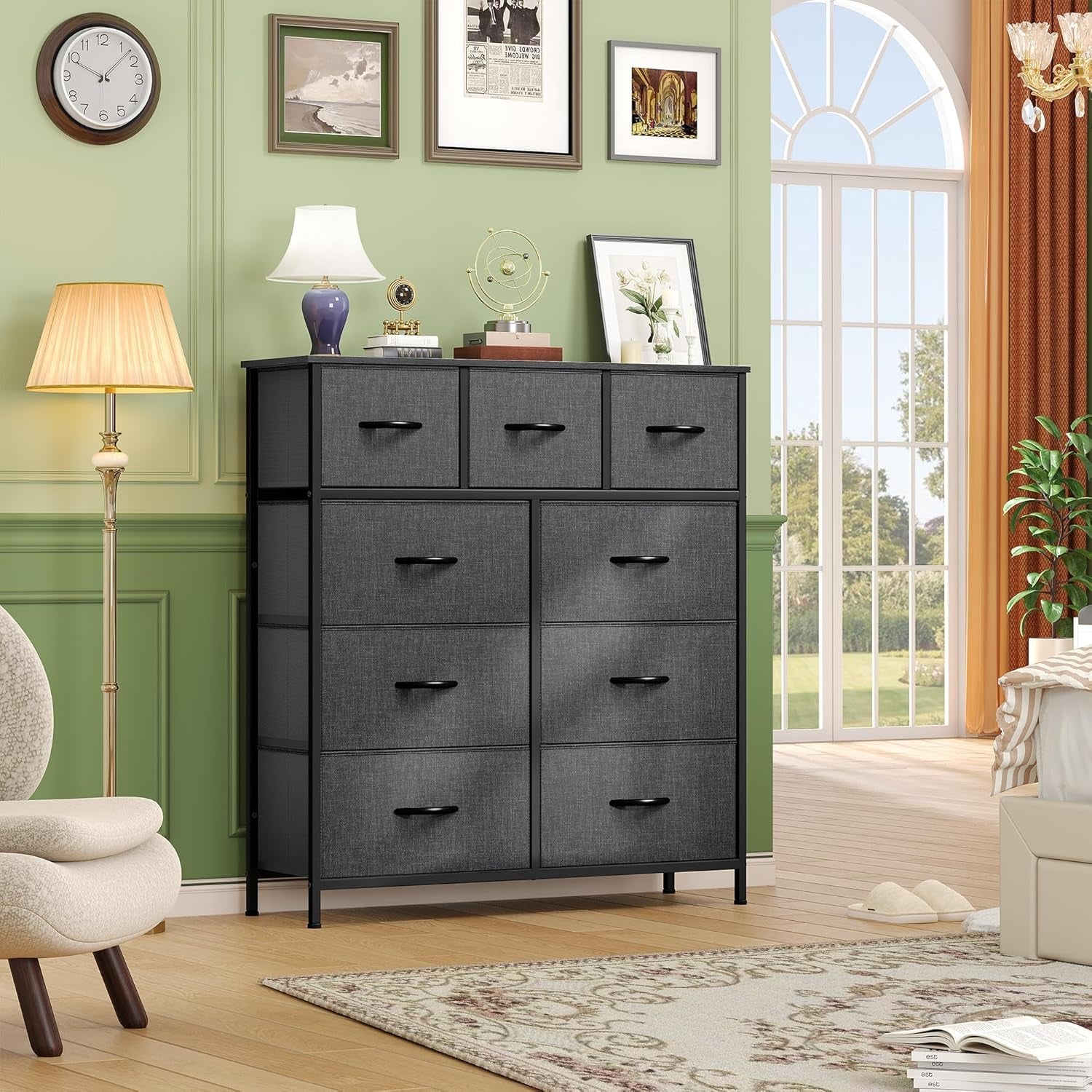 9 Drawer Fabric Dresser With Steel Frame And Wooden Top