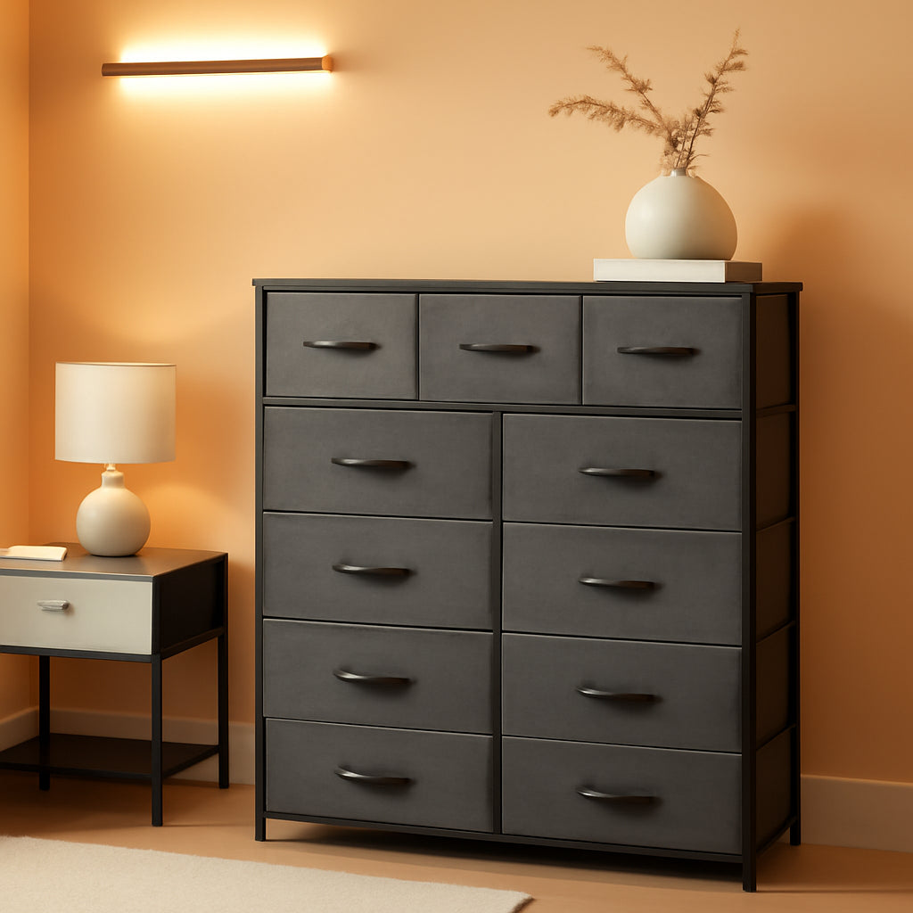 9 Drawer Fabric Dresser With Steel Frame And Wooden Top