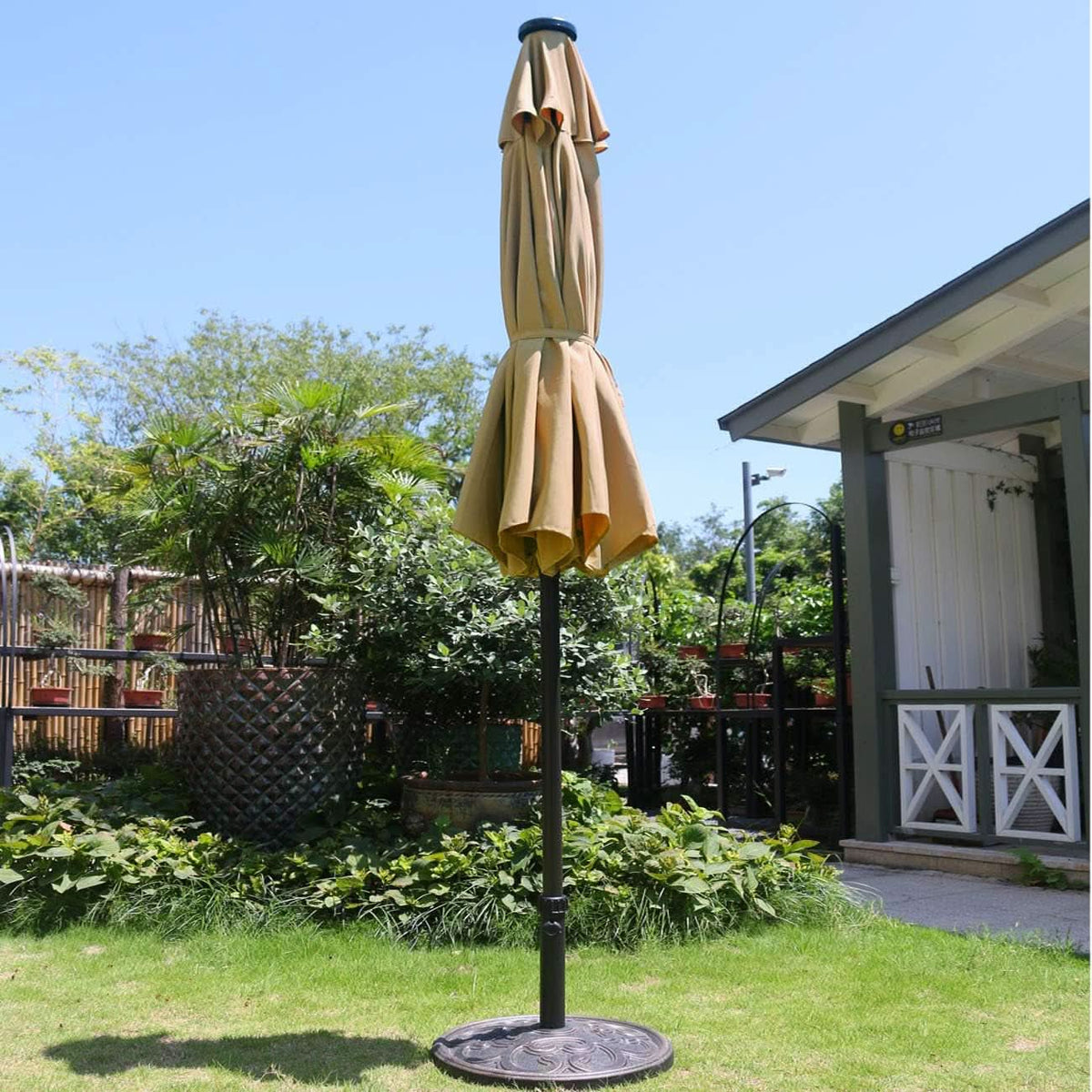 9 Ft Solar LED Lighted Patio Umbrella With Tilt And Crank Lift Light Tan