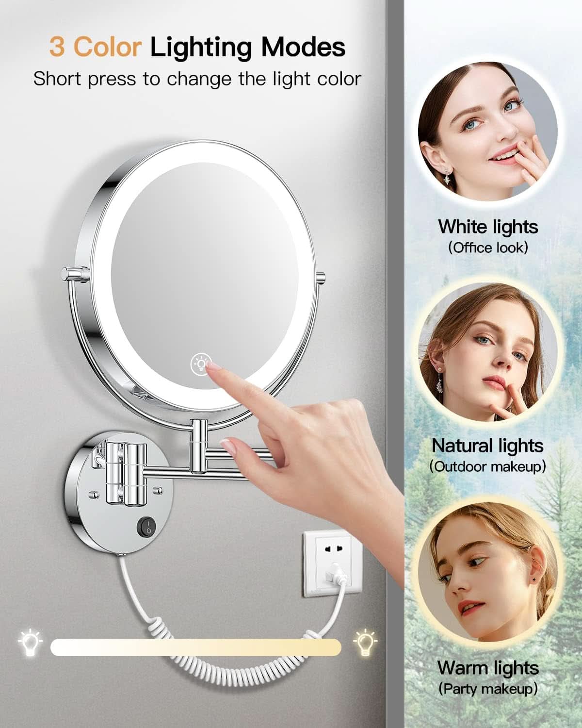 9 Inch Wall Mounted Lighted Magnifying Mirror 1X 10X LED