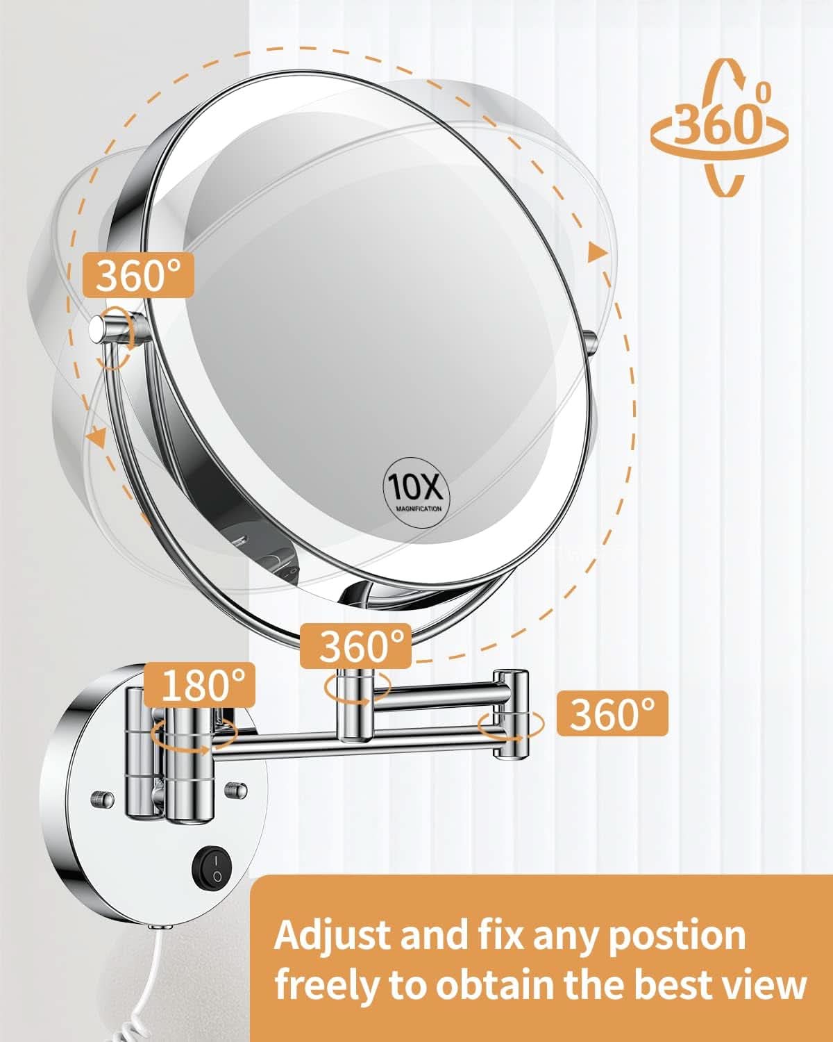 9 Inch Wall Mounted Lighted Magnifying Mirror 1X 10X LED