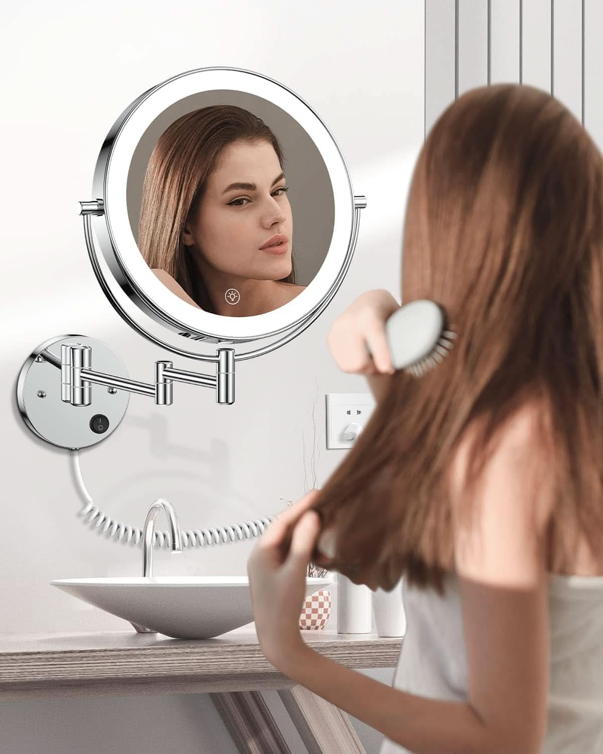 9 Inch Wall Mounted Lighted Magnifying Mirror 1X 10X LED