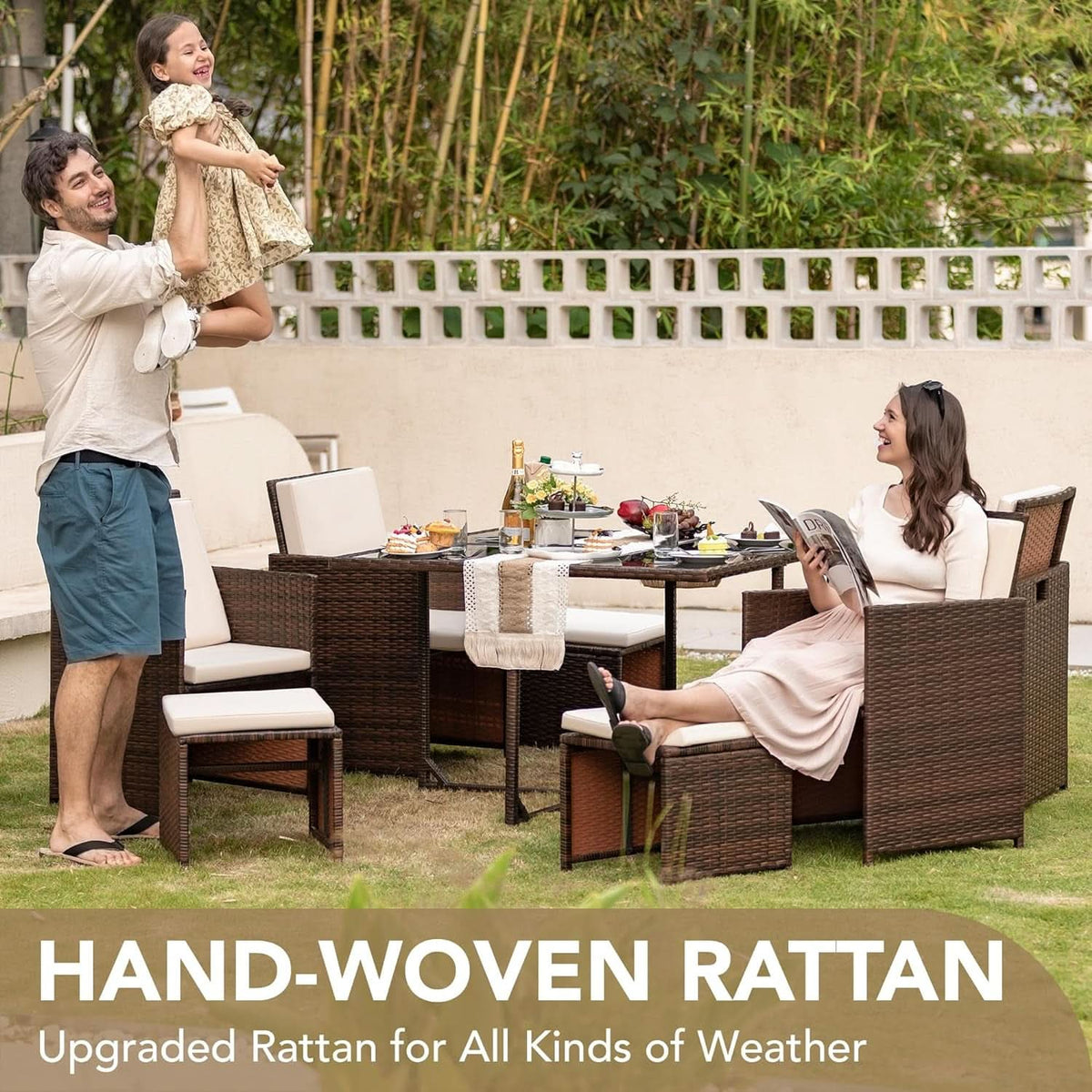 9 Piece Outdoor Patio Dining Set Rattan Chairs With Glass Table Beige Cushioned