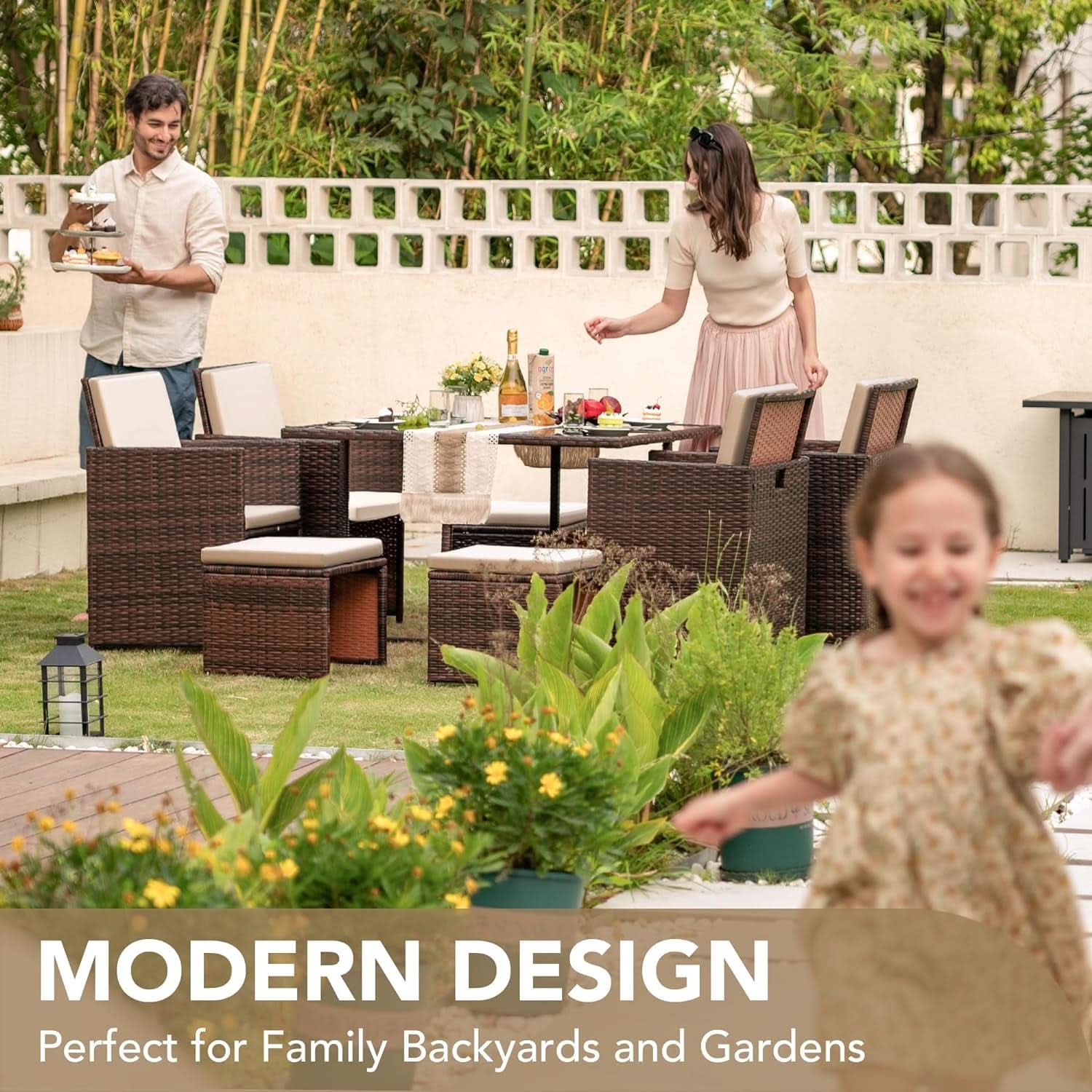 9 Piece Outdoor Patio Dining Set Rattan Chairs With Glass Table Beige Cushioned