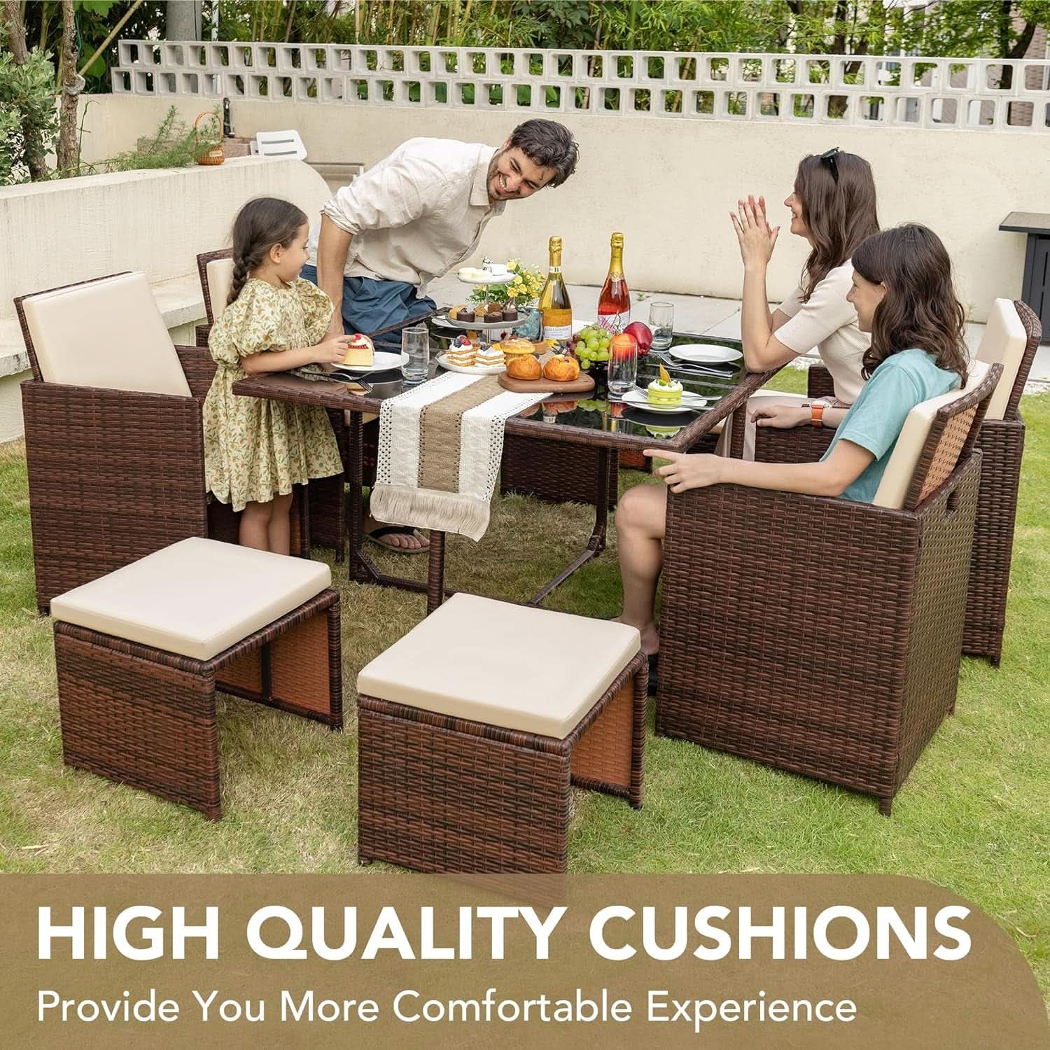 9 Piece Outdoor Patio Dining Set Rattan Chairs With Glass Table Beige Cushioned
