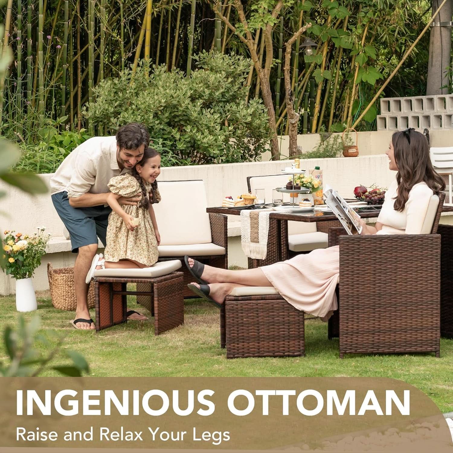 9 Piece Outdoor Patio Dining Set Rattan Chairs With Glass Table Beige Cushioned