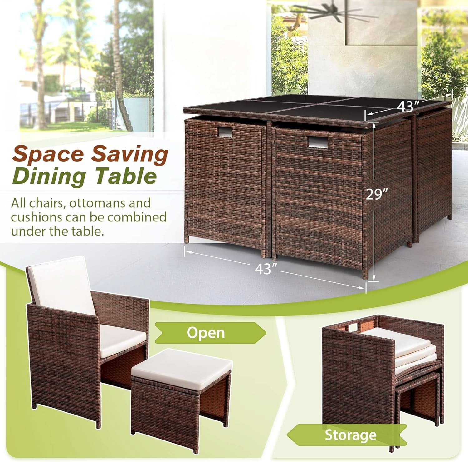 9 Piece Outdoor Patio Dining Set Rattan Chairs With Glass Table Beige Cushioned