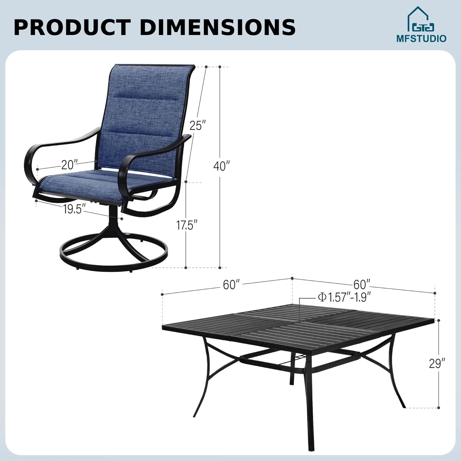 9 Piece Patio Dining Set 60 Inch Square Table Blue