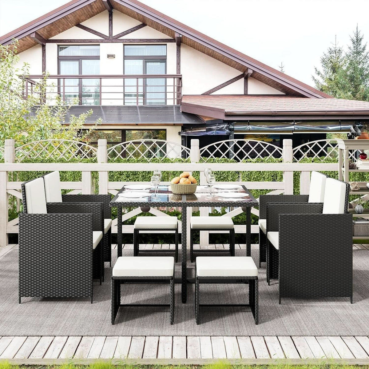 9 Piece Patio Dining Set Black White For Outdoor Use