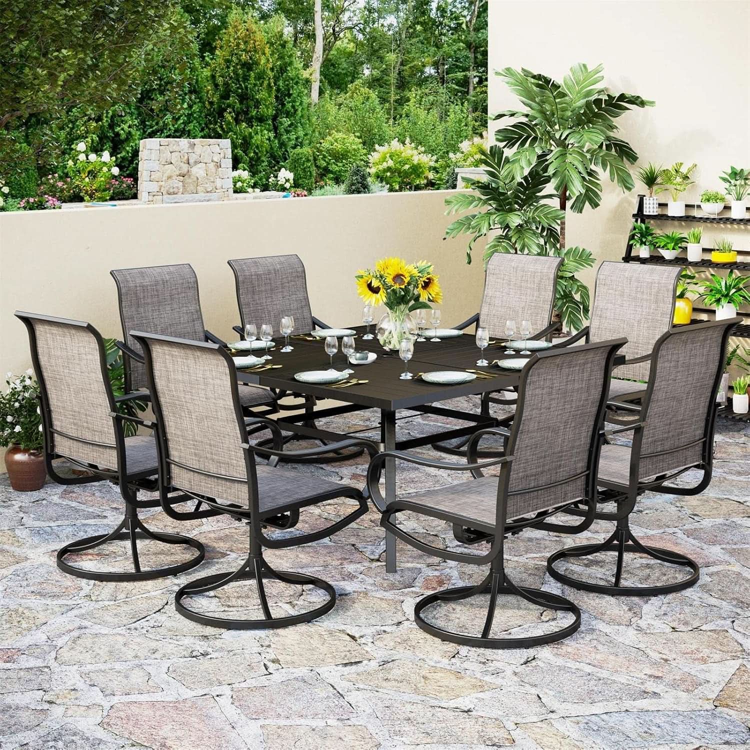 9 Piece Patio Dining Set With Large Square Metal Table And 8 Swivel Chairs