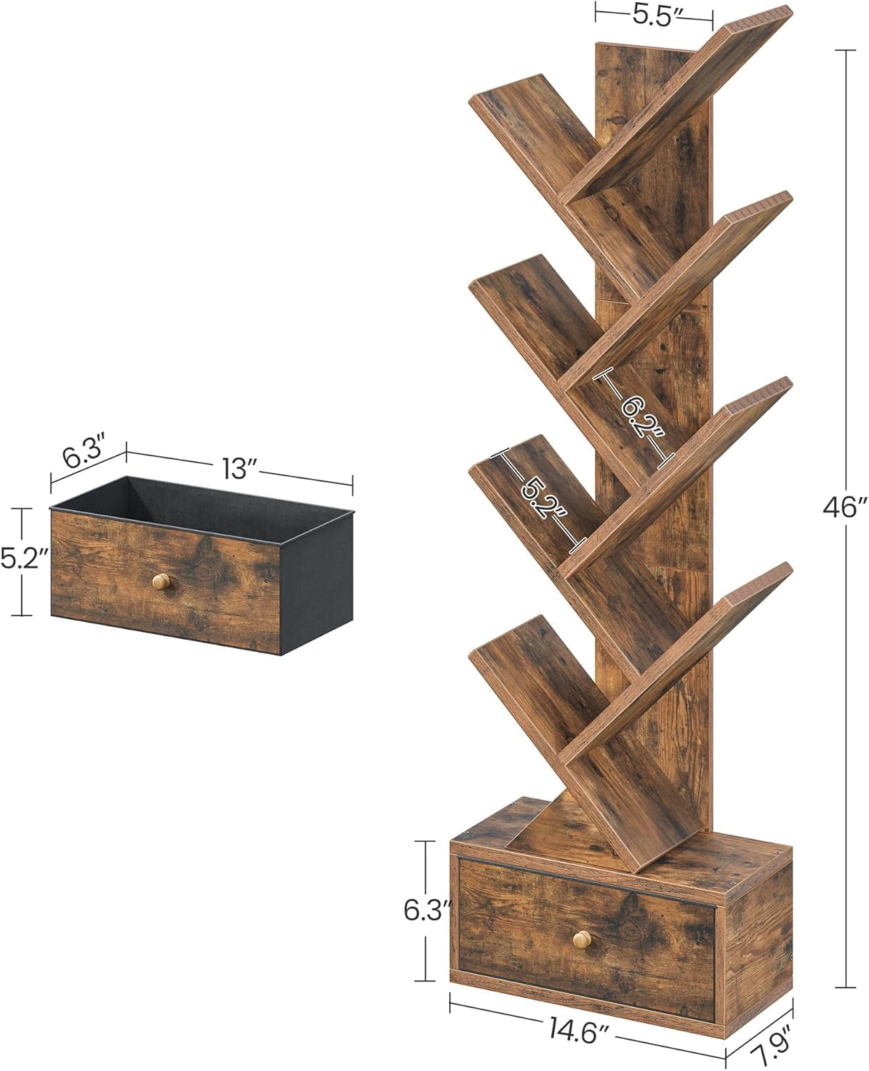 9 Tier Tree Book Shelf With Drawer Rustic Brown Narrow